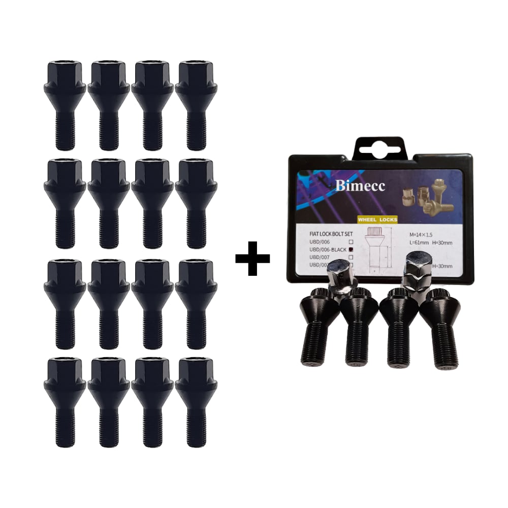 Bimecc Black Wheel Bolts + Locking Bolts - Fiat Ducato, Peugeot Boxer, Citroen Relay (2006 on) M14x1.5